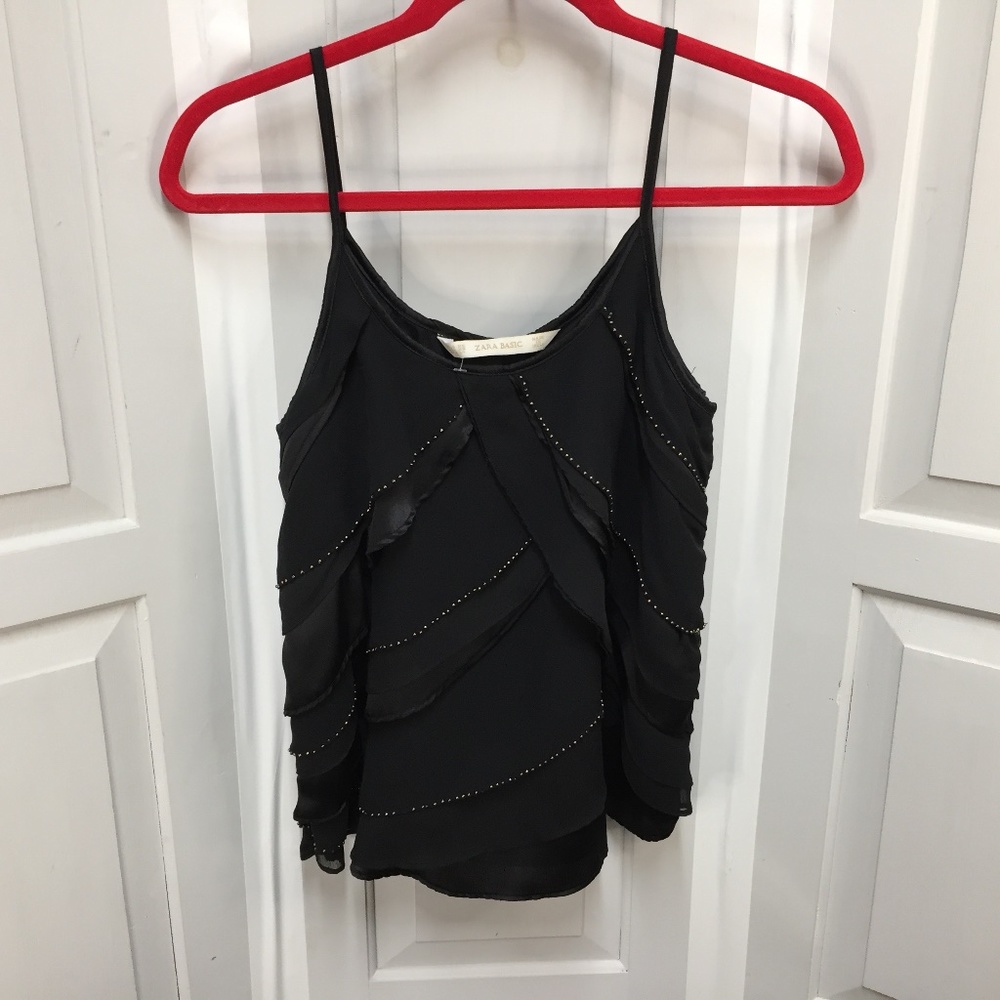 Zara Basic Black Ruffled Beaded Top/ Tank